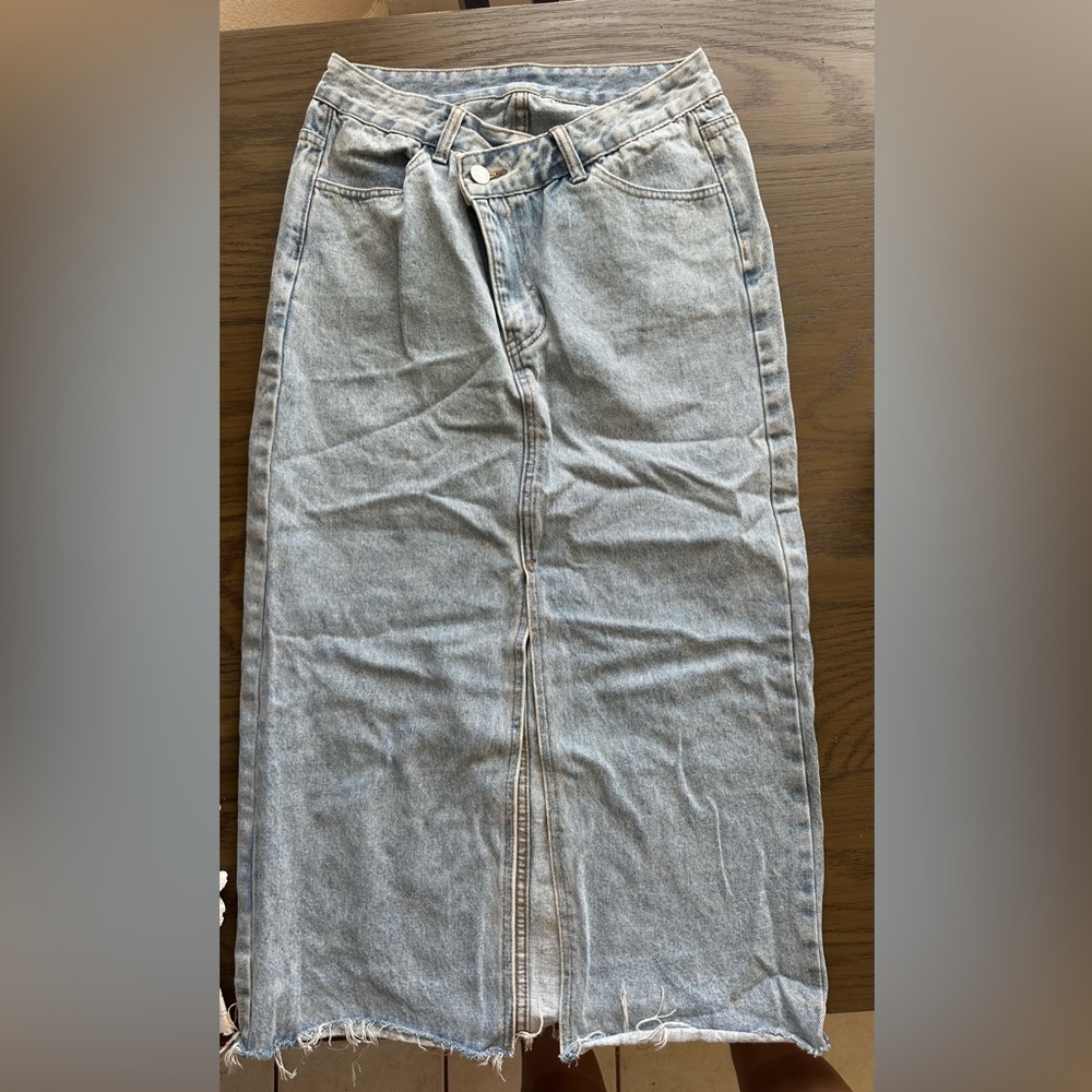 Denim Maxi Skirt with asymmetrical button